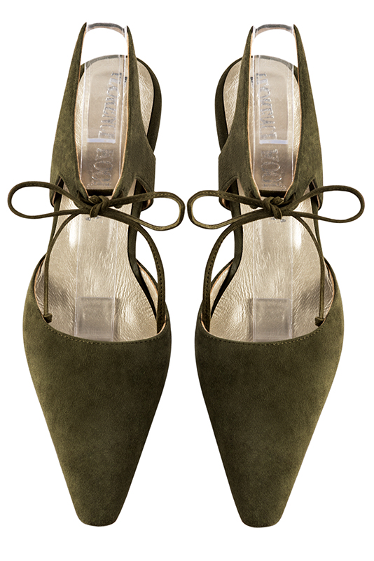 Khaki green women's open back shoes, with an instep strap. Tapered toe. Medium spool heels. Top view - Florence KOOIJMAN